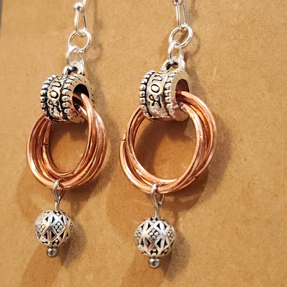 Artisan Crafted Bright Silver and Copper & Silver Spiral Chain Maile Earrings